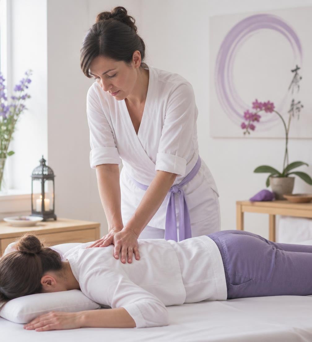 Profissional aplicando uma técnica de Shiatsu em um atendimento