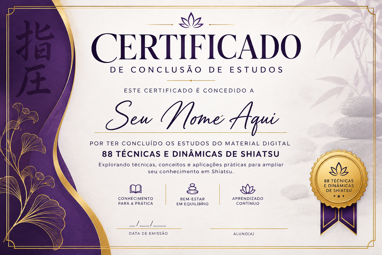 Modelo do certificado digital de conclusão dos estudos — 88 Técnicas e Dinâmicas de Shiatsu